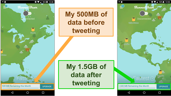 Screenshot of TunnelBear's free Android app adding 1GB of data