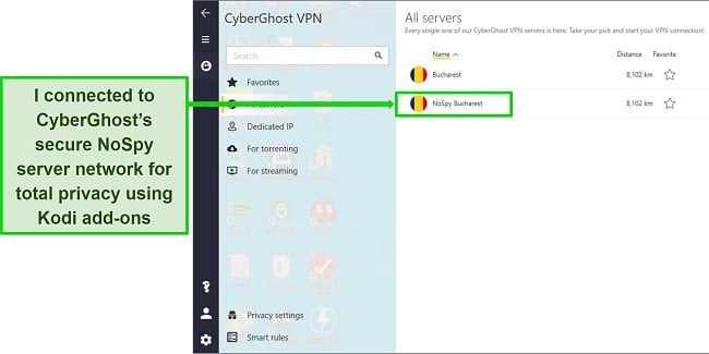 Screnshot showing CyberGhost's NoSpy server in Bucharest in the server menu of the Windows app