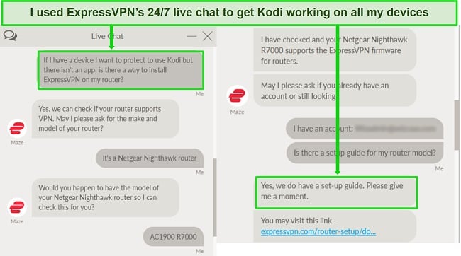 Screenshot of an exchange with ExpressVPN's live chat support about using ExpressVPN on a router to work with Kodi