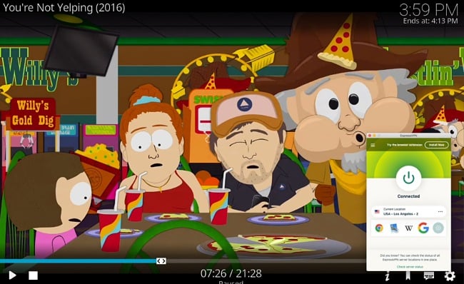 Screenshot of a Kodi add-on playing South Park in 4K while ExpressVPN is connected to a server in the US