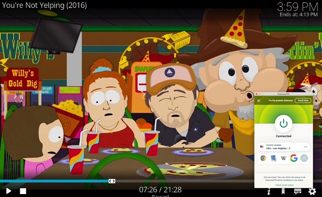 Screenshot of a Kodi add-on playing South Park in 4K while ExpressVPN is connected to a server in the US