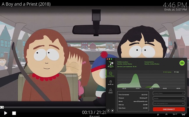 Screenshot of South Park playing on Kodi while IPVanish is connected to a server in the US