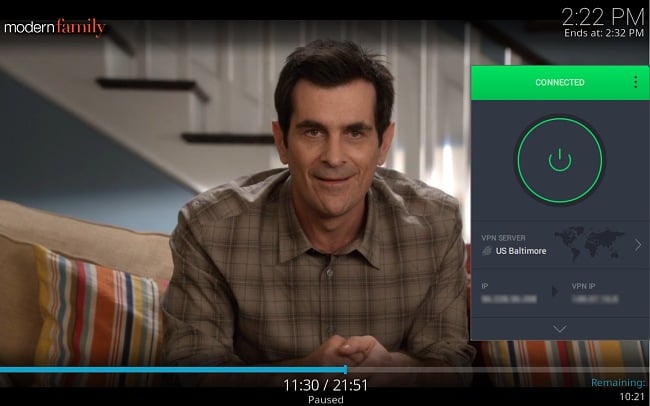 Screenshot of Modern Family playing in Kodi while PIA is connected to a server in Baltimore