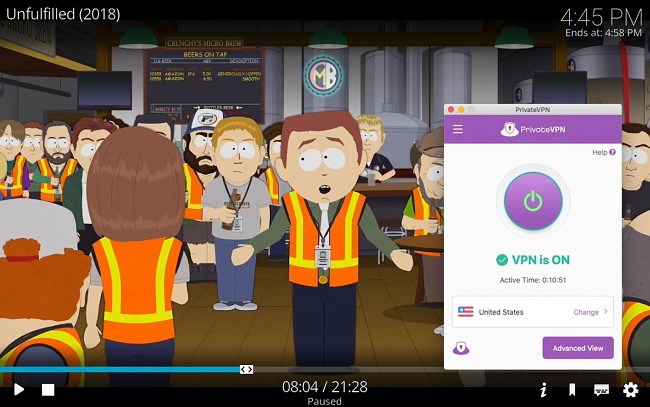 Screenshot of South Park streaming on Kodi while PrivateVPN is connected to a server in the US