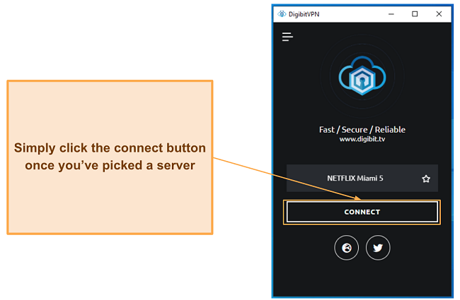 Screenshot of connection button on Digibit's Windows client