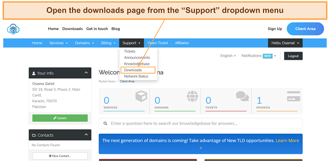 Screenshot of download button under the support tab