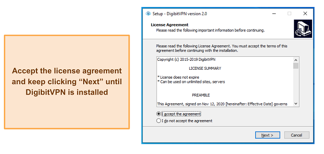 Screenshot of Digibit's license agreement 
