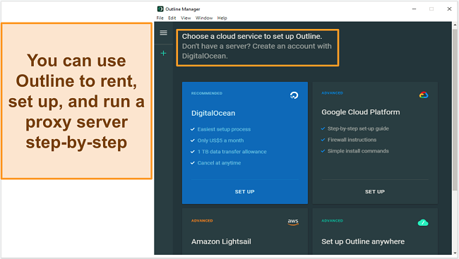 Screenshot of Outline Manager's server rental options
