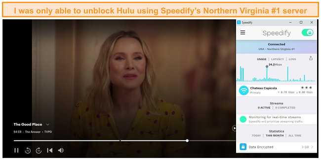 Screenshot of Speedify unblocking Hulu on its Northern Virginia server
