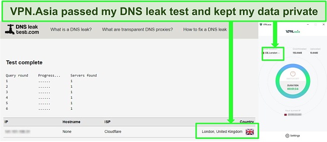 Screenshot of a successful DNS leak test while VPN.Asia is connected to a server in the UK