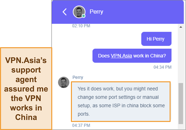 Screenshot of VPN.Asia's live chat agent confirming that VPN.Asia works in China