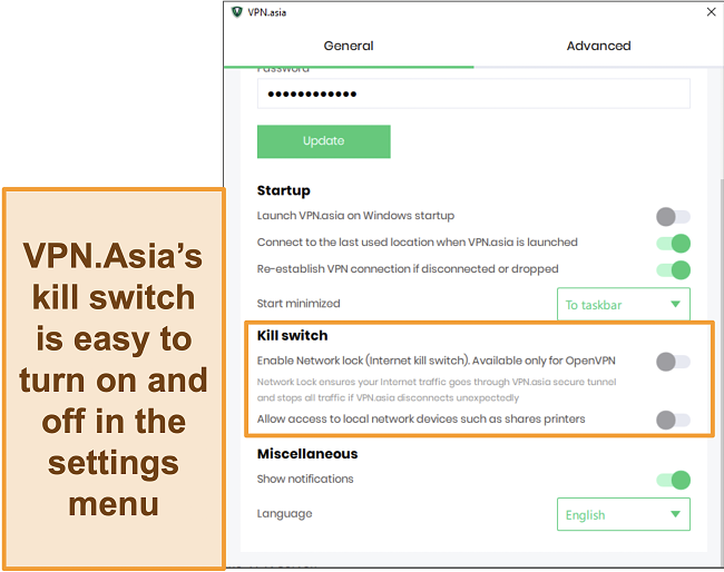 Screenshot of VPN.Asia's kill switch settings