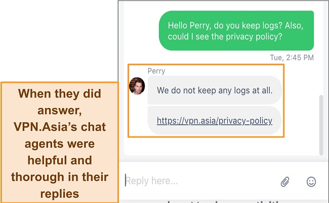 Screenshot of an exchange with VPN.Asia 24/7 chat support