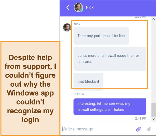 Screenshot of a chat exchange with VPN.Asia live support