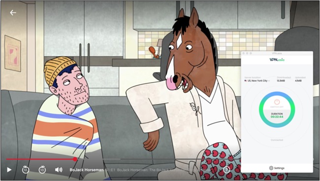 Screenshot of VPN.Asia unblocking Netflix while Bojack Horseman streams