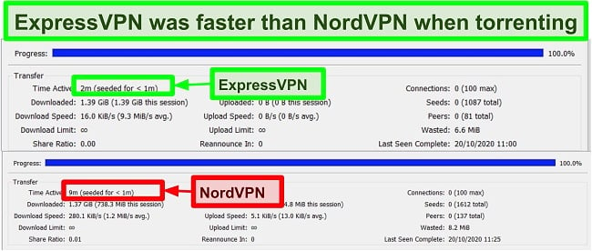 Screenshot of video download time on qBittorent showing ExpressVPN is faster than NordVPN