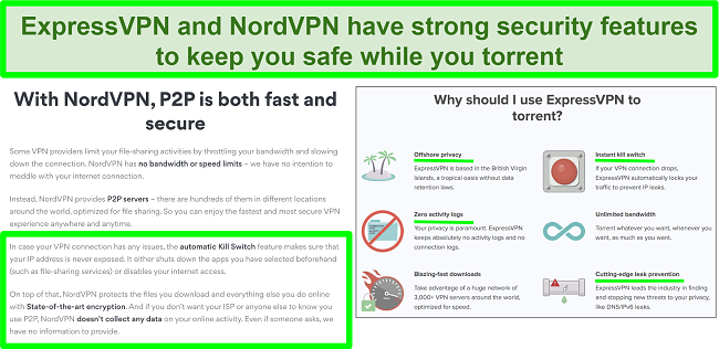Screenshot of NordVPN and ExpressVPN websites showing that they support torrenting