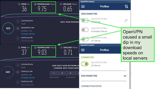 Screenshot of two speedtests with very similar data, both are using a Seattle server.