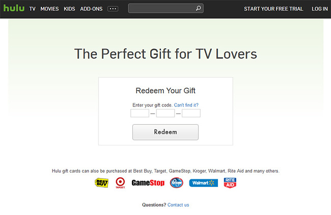 Hulu’s gift card redemption page
