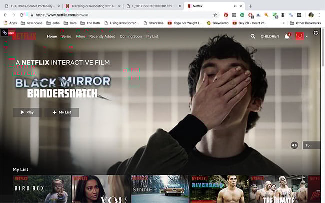 Netflix homepage while connected to a UK server