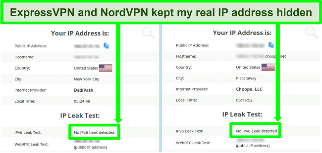 Screenshot showing no IPv6 leak detected for both NordVPN and ExpressVPN