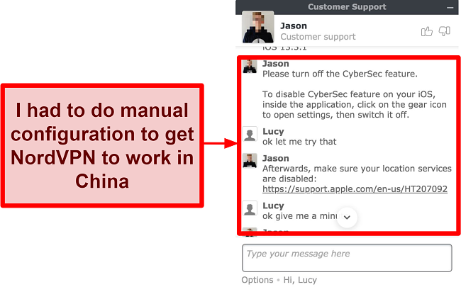 Screenshot of chat with NordVPN asking for advice on how to get app to work in China
