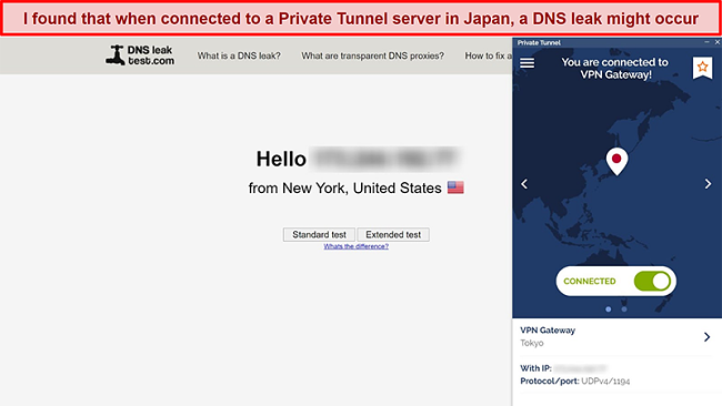 Screenshot of DNSleaktest.com showing a connection from New York despite being connected to a server in Japan