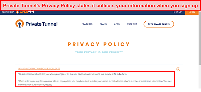 Screenshot of Private Tunnel's Privacy Policy