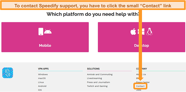 Screenshot of the support page on Speedify's website