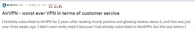 Screenshot of AirVPN's negative user review comments on Reddit