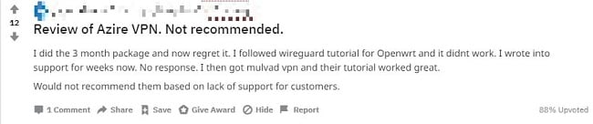 Screenshot of Azire VPN's negative user review comments on Reddit about Azire VPN's bad customer support