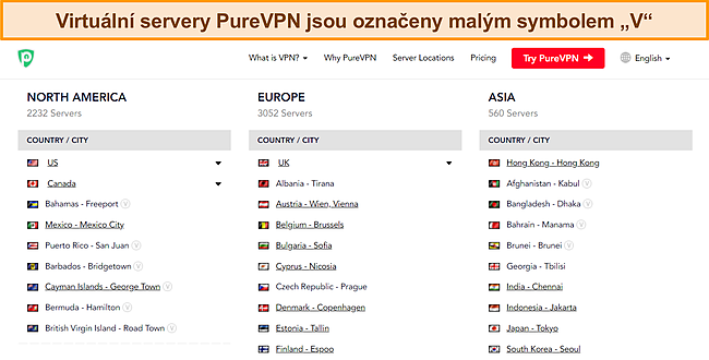 Snímek obrazovky úplného seznamu serverů PureVPN zobrazující symbol „v“, který označuje virtuální server.