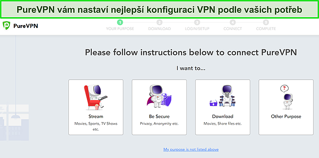 Snímek obrazovky vlastních možností instalace PureVPN pro různá použití VPN.