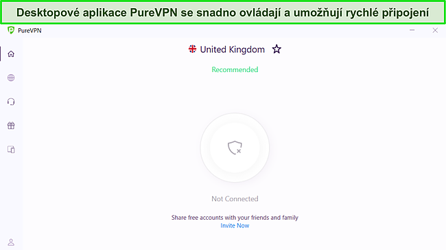 Snímek obrazovky aplikace PureVPN pro Windows ukazující její čisté a jednoduché rozhraní.