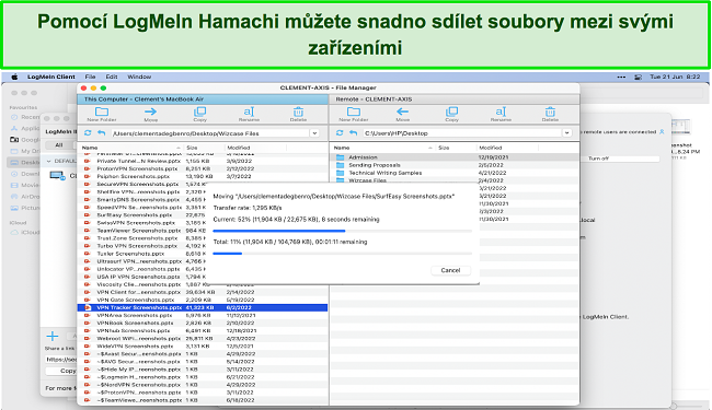 Snímek obrazovky LogMeIn Hamachi, který se používá ke sdílení souborů mezi mými zařízeními Mac a Windows