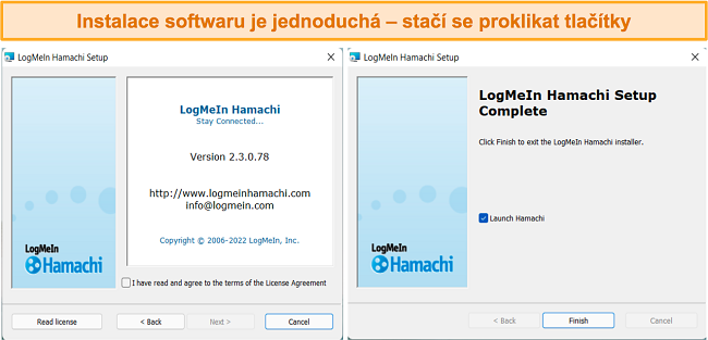 Snímek obrazovky instalačního procesu pro LogMeIn Hamachi