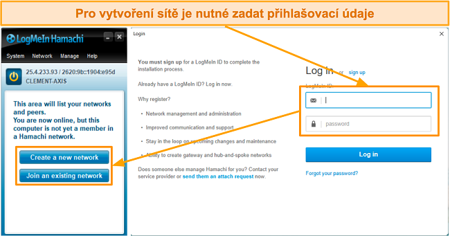 Snímek obrazovky přihlašovacího rozhraní LogMeIn Hamachi a vytváření sítě