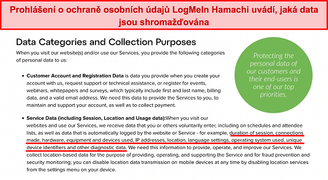 Snímek obrazovky zásad ochrany osobních údajů LogMeIn Hamachi