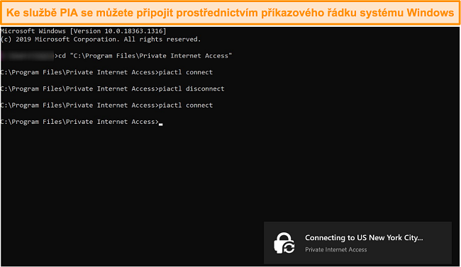 Snímek obrazovky připojení k PIA prostřednictvím příkazového řádku systému Windows.