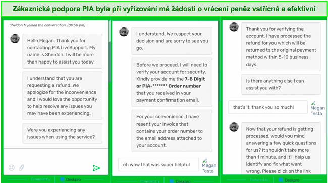 Snímek obrazovky chatu zákaznického servisu PIA při žádosti o vrácení peněz.