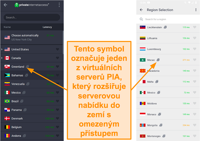 Snímek obrazovky desktopového klienta PIA a programu pro Android, který ukazuje geolokované servery