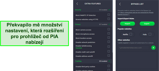 Snímek obrazovky nastavení rozšíření prohlížeče PIA VPN.