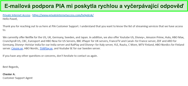 Snímek obrazovky s odpovědí od e-mailové podpory PIA VPN.