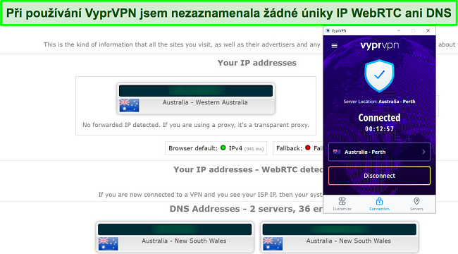 Snímek obrazovky testu úniku IP a DNS provedeného na serveru VyprVPN