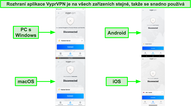 Snímky obrazovky rozhraní aplikace VyprVPN na Windows PC, Android, macOS a iOS