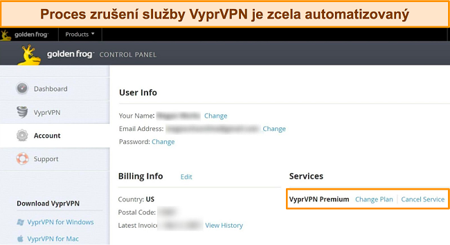 Snímek obrazovky nastavení účtu VyprVPN