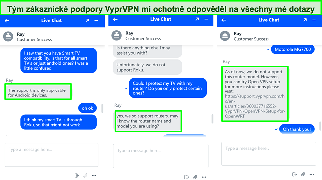 Snímky obrazovky živého chatu VyprVPN