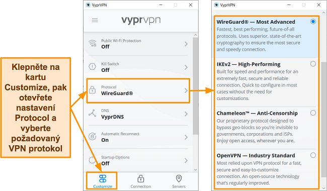 Snímek obrazovky možností protokolu VyprVPN