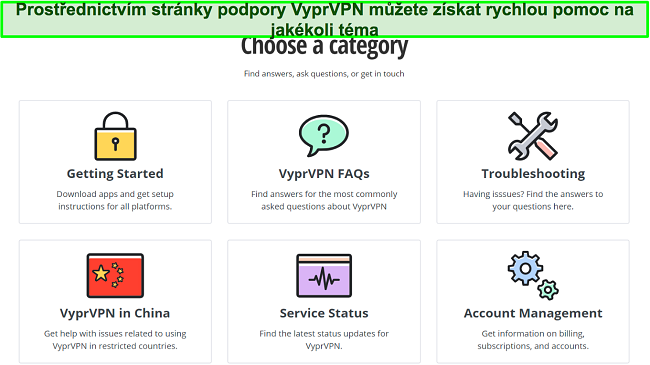 Snímek obrazovky stránky podpory VyprVPN