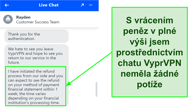 Snímek obrazovky agenta živého chatu VyprVPN 24/7, který schvaluje žádost o vrácení peněz